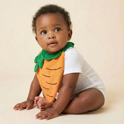 baby wearing handmade carrot-shaped drool bib, bright playful design