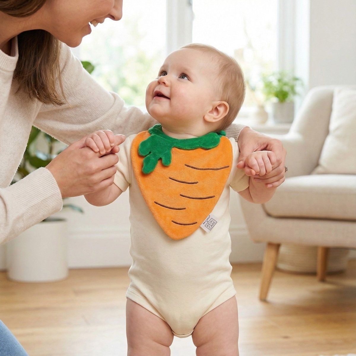 carrot baby drool bib with mom and baby, handmade soft bib in real use