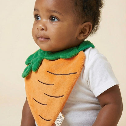 carrot baby drool bib on infant, soft absorbent cotton