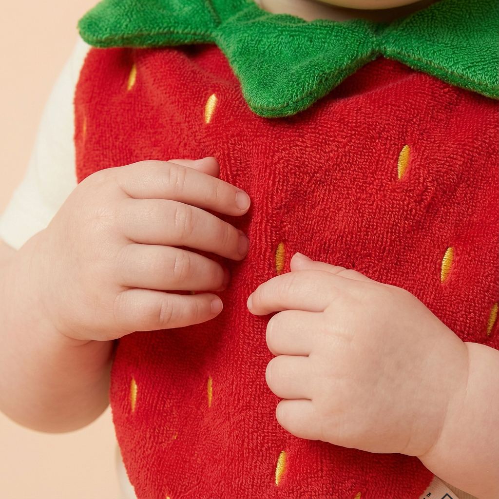 close up of strawberry drool bib texture and stitching, handmade cotton detail