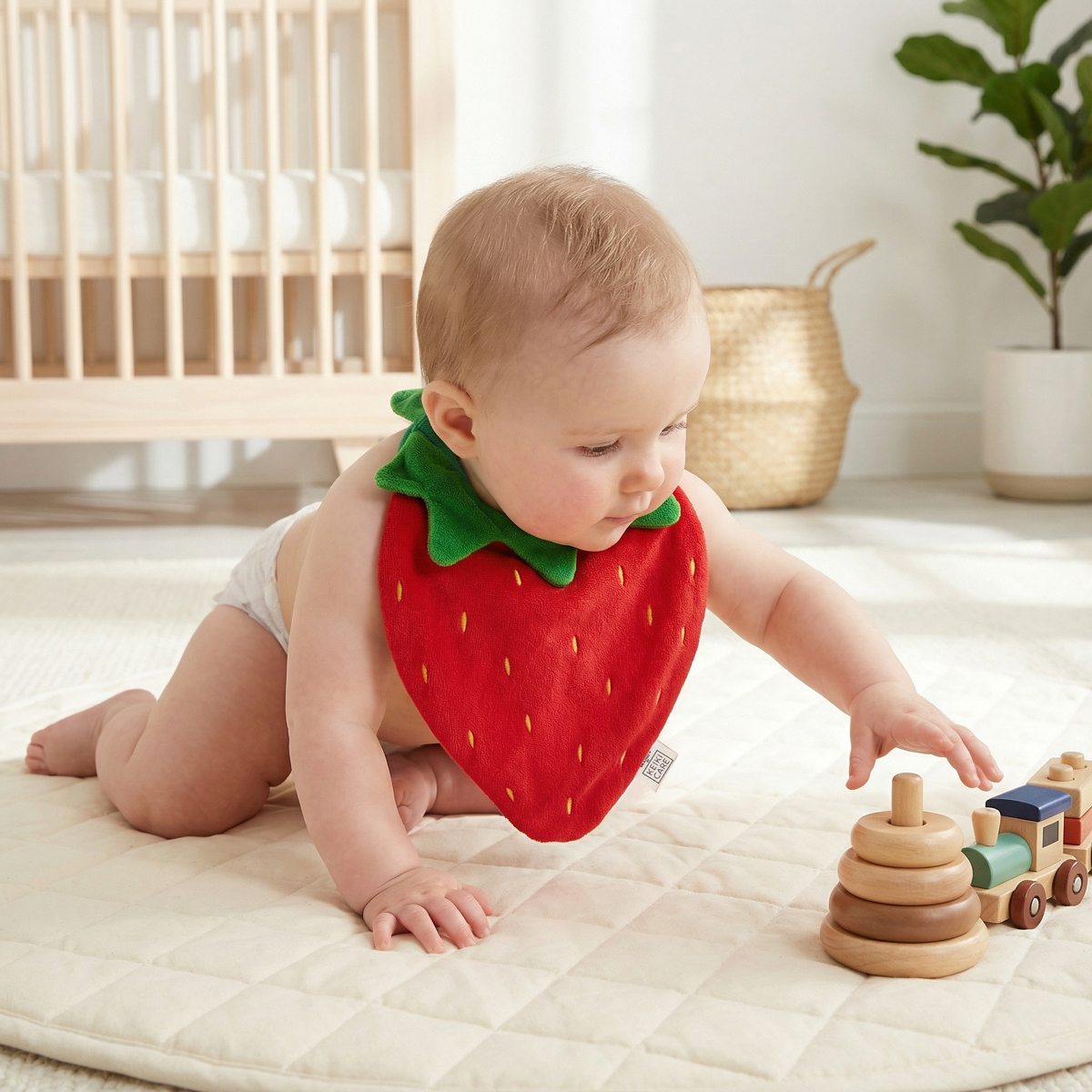close up of strawberry baby bib in use, cute drool bib for infants