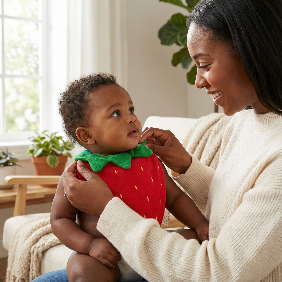 handmade strawberry baby bib in everyday use, mother and baby smiling