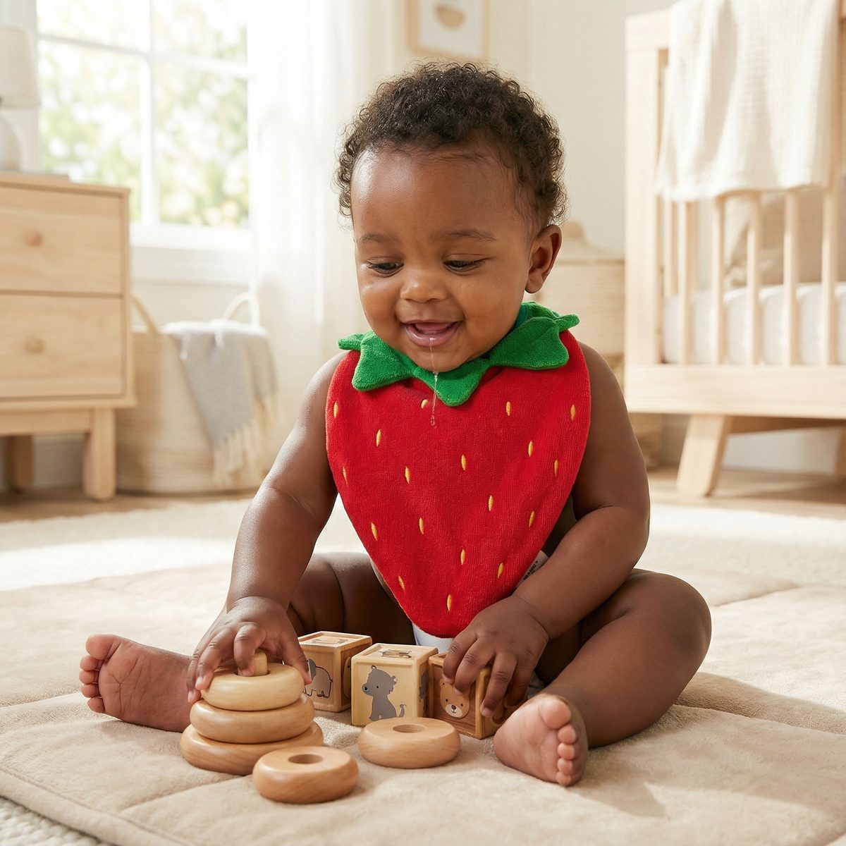 close up of strawberry baby bib in use, cute drool bib for infants